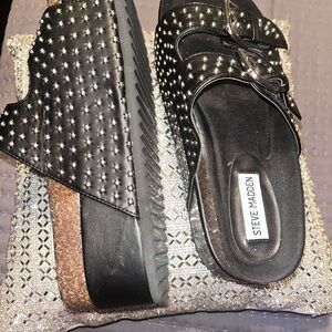 Steve Madden Kali Black Studded Buckle Platform Mules